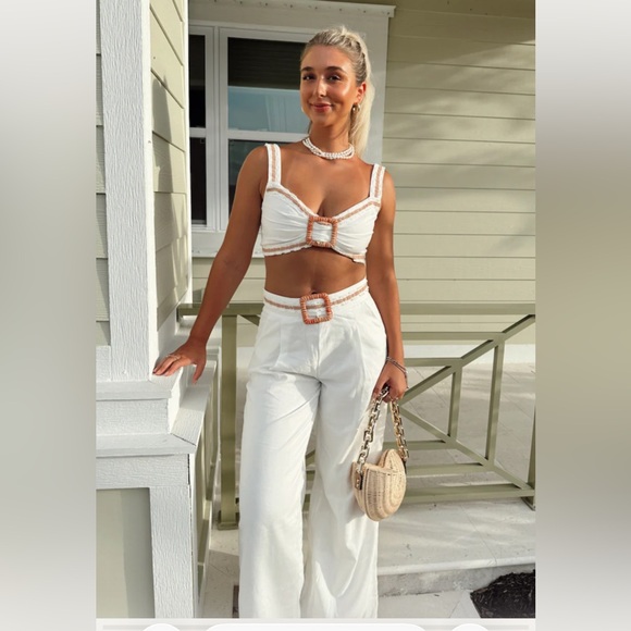 12th Tribe Pants - 12th Tribe White Two-Piece Crop Top & High-Waist Pants Set with Woven Buckle